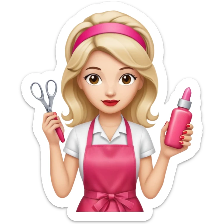 Female hairdresser with headband, wearing red apron, holding pink nail polish bottle and scissors, beauty salon employee sticker