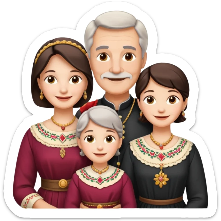 Indiana family with a 70 years old father and mother and a 40 years old daughter. They wear a traditional dress. They are smiling. sticker