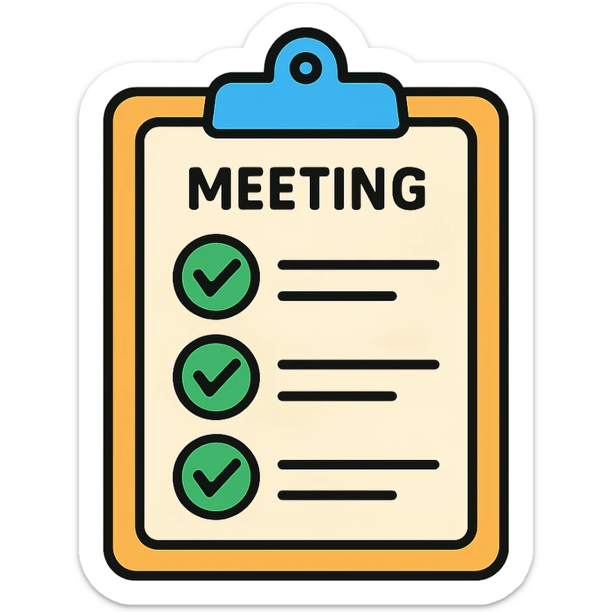 A clipboard with a checklist of meeting agenda items, organized neatly with bullet points sticker
