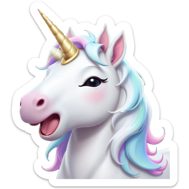 Cinematic Cute Yawning White Unicorn Portrait Emoji, Head tilted slightly with a dramatic, wide-open yawn, showcasing a softly elegant form with a gently cascading mane, a subtly glowing horn and sleepy, half-closed eyes, Simplified yet irresistibly adorable features, highly detailed, glowing with a soft, cozy magical glow, high shine, relaxed yet expressive, stylized with a dash of whimsical enchantment, soft glowing outline, capturing the essence of a drowsy yet affectionate white unicorn that appears ready to stretch and yawn its way out of the screen! sticker