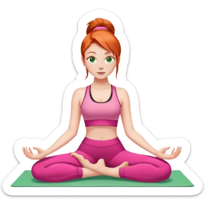 Long red head white girl with green eyes doing yoga wearing pink sticker