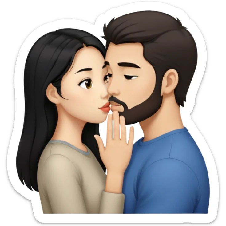 Asian girl with long black hair, kissing a Caucasian guy with dark brown hair that’s short and has a light beard sticker