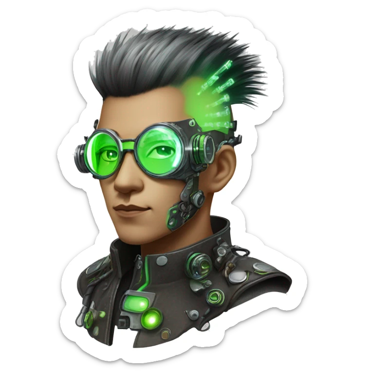 Mohawk hair with neon green highlights Asian male cyborg head with neon silver steampunk goggles and circuits sticker