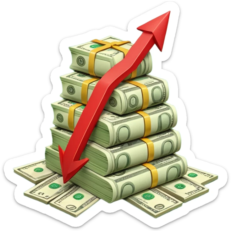 a pile of money infront of strategy paper with red arrow up sticker