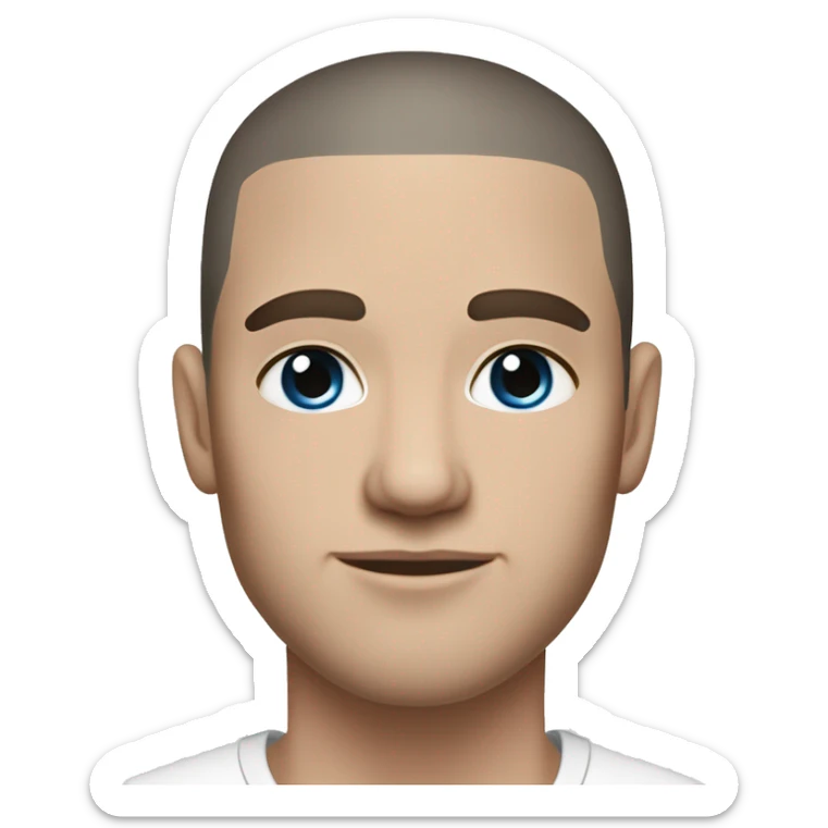 A slavic guy with blue eyes, light skin, shaved dark hair under 0.5, white T-shirt, silver earring piercing with cross on left ear. sticker