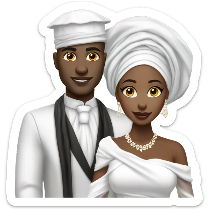 African bride and groom. White gele head wrap with white off shoulder dress. No Turban sticker