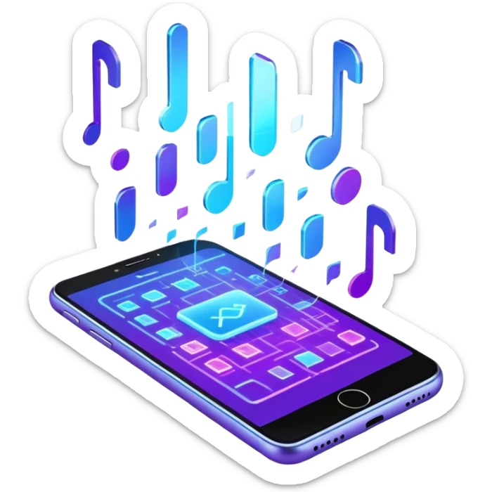 Emoji: A modern smartphone with a flickering holographic screen. The display is slightly glitching, showing shifting digital symbols and neon blue-purple swipes. It looks like a mix of high-tech and a small AI error. sticker