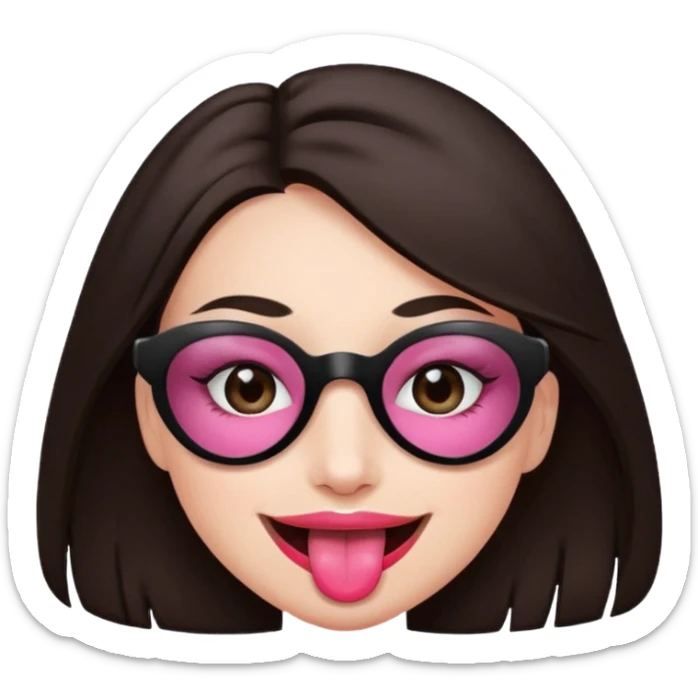 woman with dark brown hair wearing black band over eyes with tongue out sticker