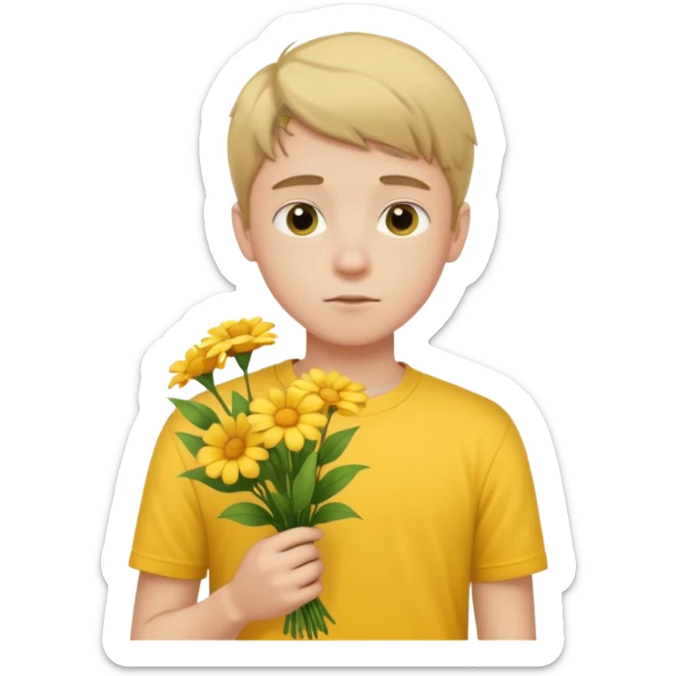 generate an ios genmoji of a 20 year old fair boy with 3 very faint upper lip  hair. should look like he cant grow a mustache., carrying a flower bouquet, wearing a yellow tshirt, looking shy sticker