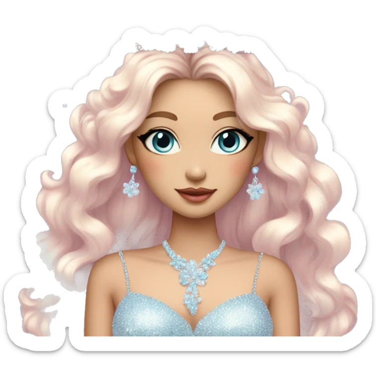 Gorgeous pastel Lady with blue eyes in a sparkly shiny dress with tiara and necklace and flowers aesthetical and trending  sticker