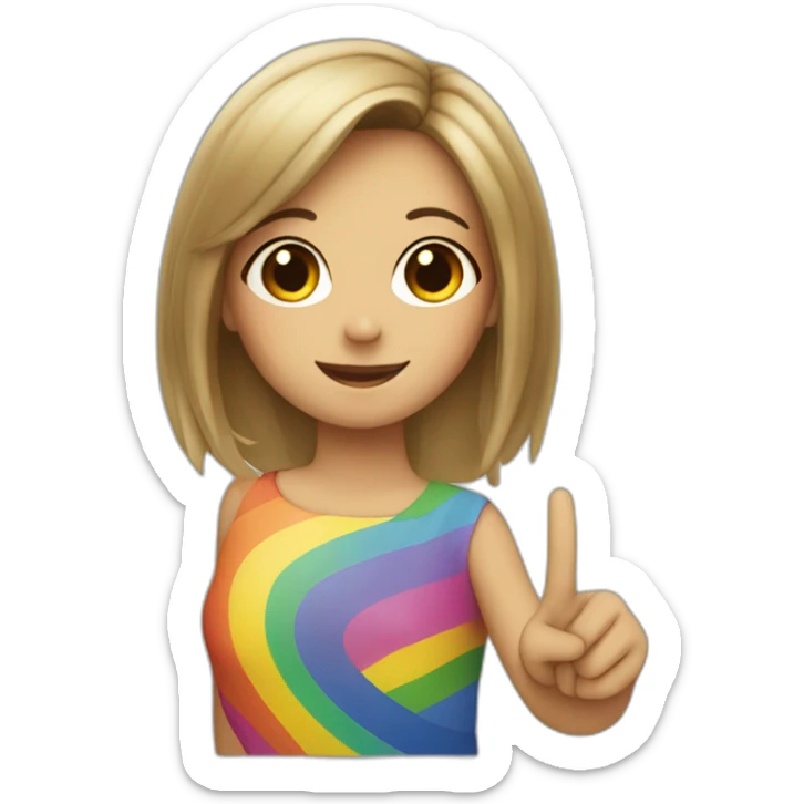 Girl with rainbow flag in the back doing a peace sign and a winky face sticker