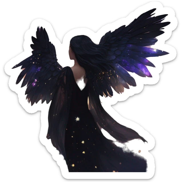 Black Raven wings bohemian girl Ethereal galaxy constellation girl angel raven wings black wings, gold arrow, nebula, flower crown, fairy lights, iridescent, nature, shot by golden arrow sticker