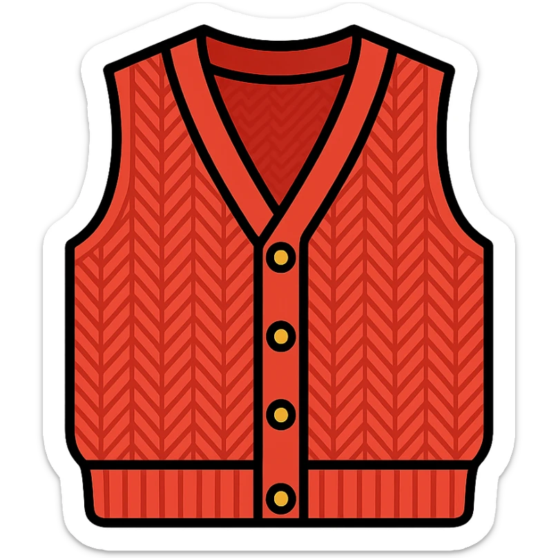 icon of red Barry vest in Sézane style, V-neck collar, golden buttons, knitted texture, transparent background, modern and clean style for knitwear category sticker