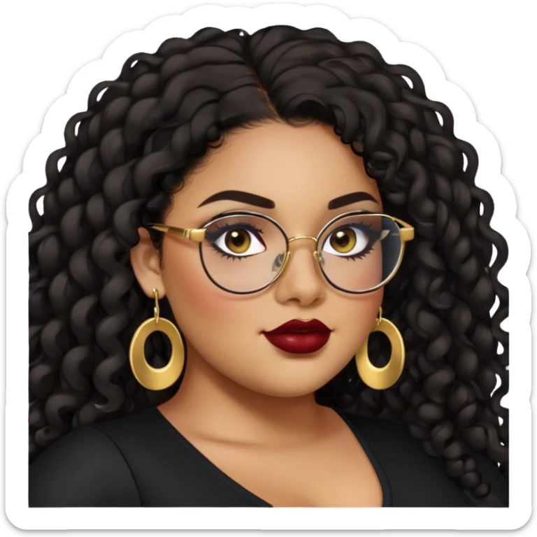 teen big plus size, latina, darker tan skin, gold earrings, long black curly hair, baddie,pretty, makeup, dark red lipgloss, black eyeliner, long hair, black top, black glasses sticker