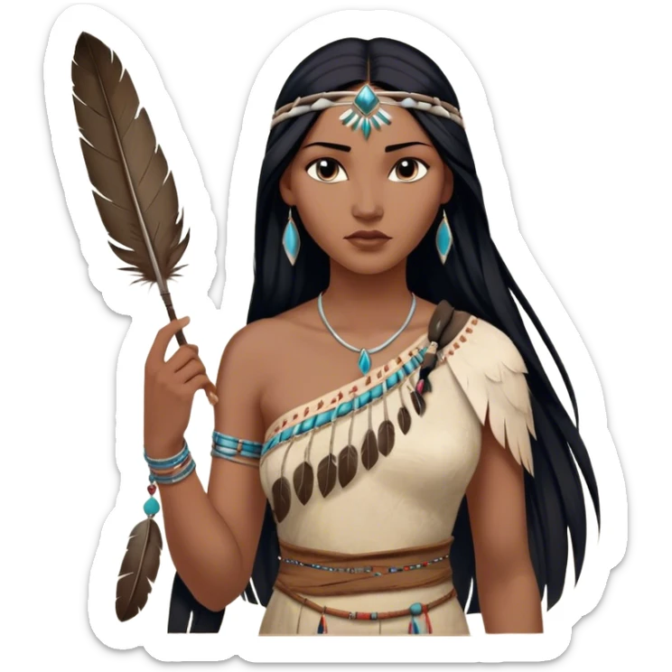 Cinematic Realistic Pocahontas Portrait, depicted with lifelike skin texture, soft natural lighting, and intricately detailed long, flowing raven-black hair that moves gracefully in the wind. Her deep, soulful dark brown eyes exude wisdom and strength, complemented by a serene yet powerful expression. She is shown gently holding a feather in one hand, her other hand resting lightly at her side, embodying the harmonious balance between nature and herself. She is dressed in her classic one-shoulder native American dress, with rich fabric textures and delicate beaded details that catch the light beautifully. The portrait features a soft, sun-kissed glow with a natural, radiant finish, capturing the essence of untamed beauty and deep connection to nature in a realistic and painterly style, evoking a sense of depth and authenticity. sticker