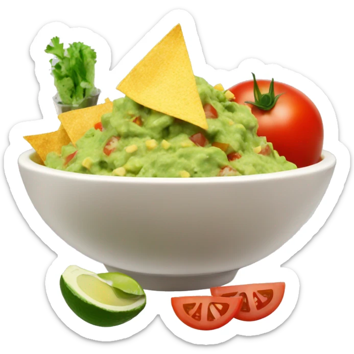 Bowl with guacamole with tomatoes, feta cheese, salt and pepper, and a side of nachos  sticker