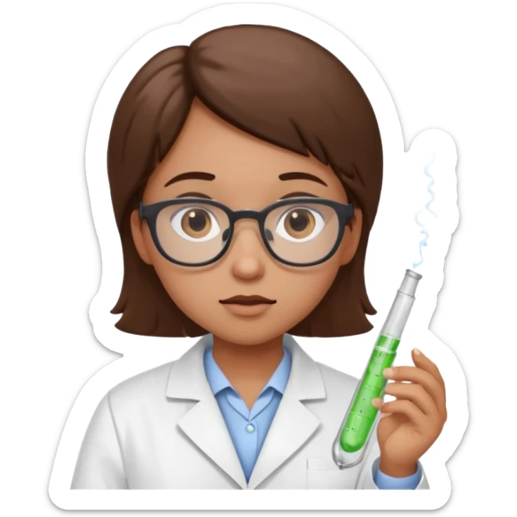 Portrait of a young scientist wearing a white lab coat, glasses, holding a test tube, curious expression sticker