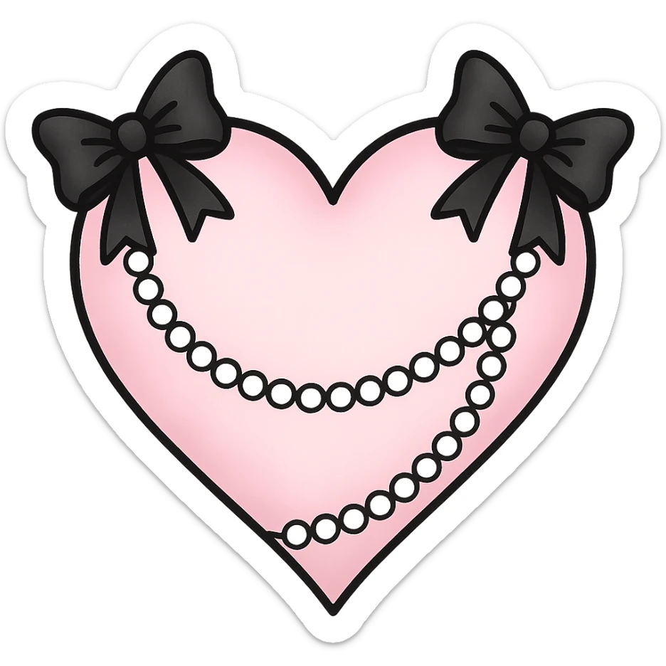 pastel goth heart with black bows and pearls, soft pink and black, cute gothic style, remove background sticker