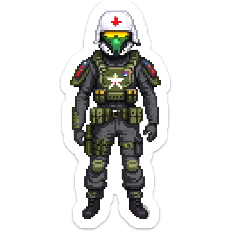 armed figure in all-black military clothing, shiesty mask, and helmet sticker
