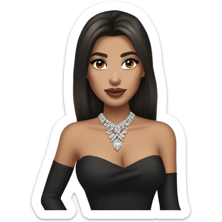 Brunette woman pale tan skin tone. Blowdried layered bouncy. Diamond earrings and necklace big lips. Kim k and kylie look alike. Black elegant dress sticker
