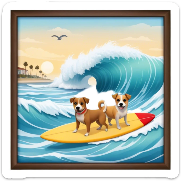 A beach in San Diego with massive waves and lots of dogs surfing sticker