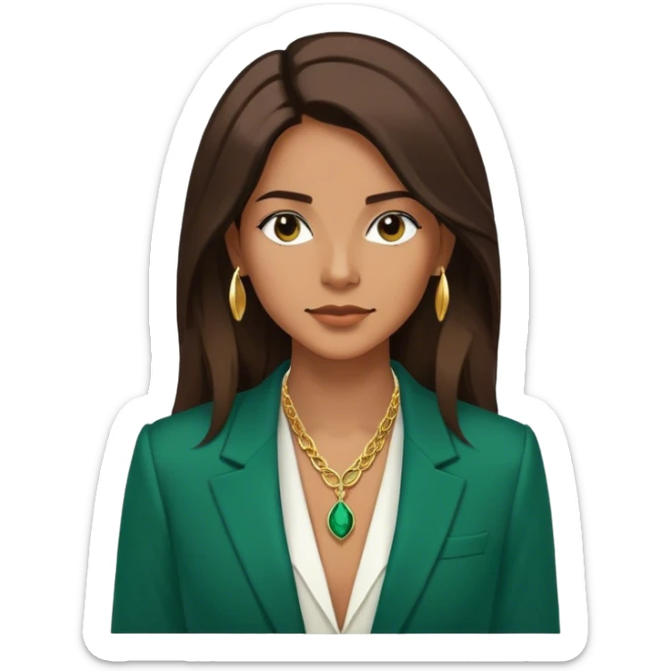 Emoji femenino con cabello suelto corto hasta los hombros castaño oscuro. Tono de piel bronceado. Viste blazer color verde esmeralda y blusa de vestir blanca. Lleva tres collares color dorado. Minimalista, clasico sticker
