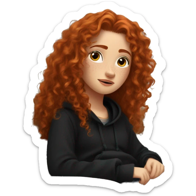 redhead long hair curly hair girl like merida chilling in black hoodie with freckles on couch  sticker
