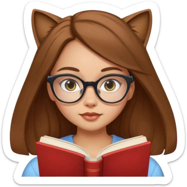 ACB clean beautiful girl long brown hair, wear glasses cat eye, reading a book sticker