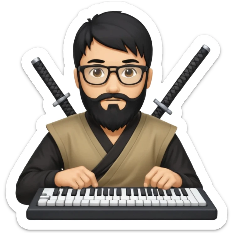 Man with black hair and beard wearing glasses in a ninja costume. Keep the top left version, make the beard longer and replace the sword with a keyboard  sticker