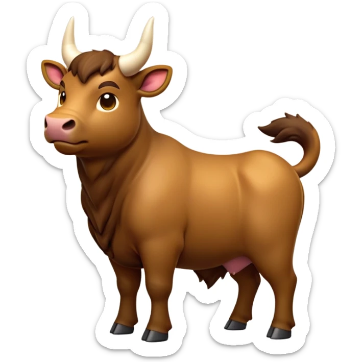 cinematic-[brown bull]-realistic-full-body-standing-emoji,-tail-flicking-lazily,-head-tilted-dramatically,-sleek-[brown]-fur,-simplified-yet-realistic-focused-features,-highly-detailed,-glowing-with-an-almost-sarcastic-glow sticker