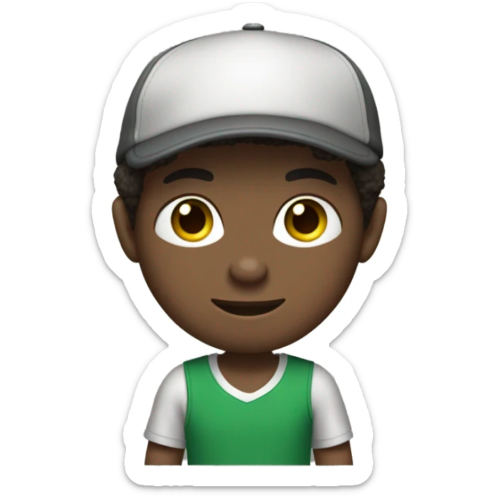 White boy with dark brown hair with a basketball hat on with his hair hanging out with green eyes and grey shirt and dark grey pants  sticker