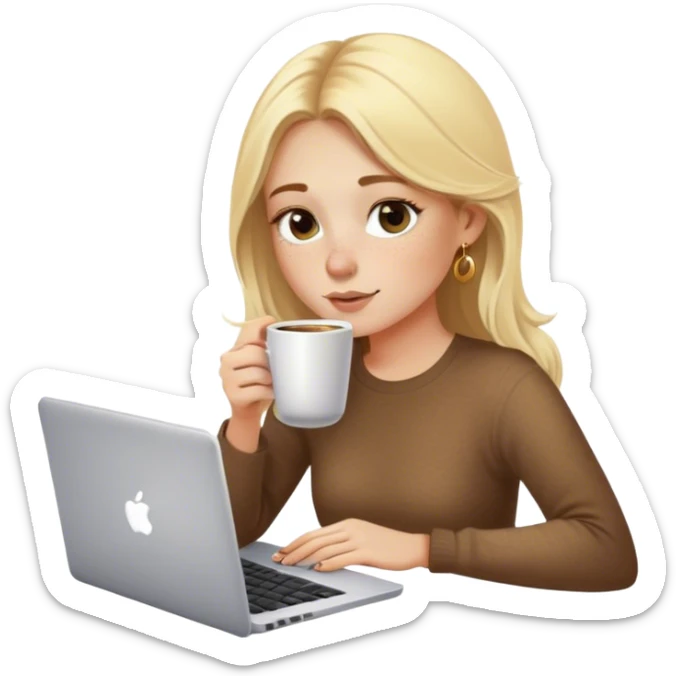 A blonde girl, beautiful, gorgeous, freckles on nose, golden nose ring, drinking coffee while writing on a laptop sticker
