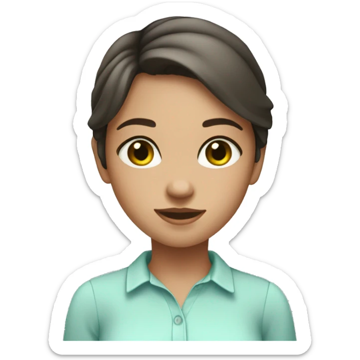 girl with straight short dark brown hair, green hazel eyes, faint freckles, and a light blue shirt sticker