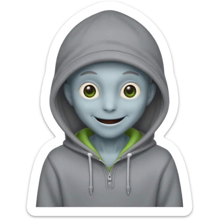 alien in gray hoodie full height, wear hoodie hat, happy sticker