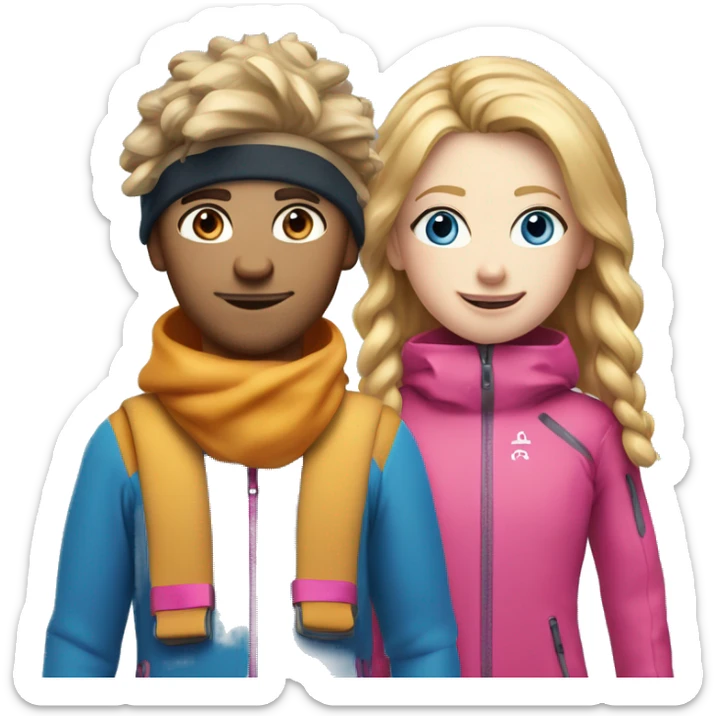 Skier boy white skin with ginger scruff and Skier girl with blonde hair and pink gear blue eyes  sticker