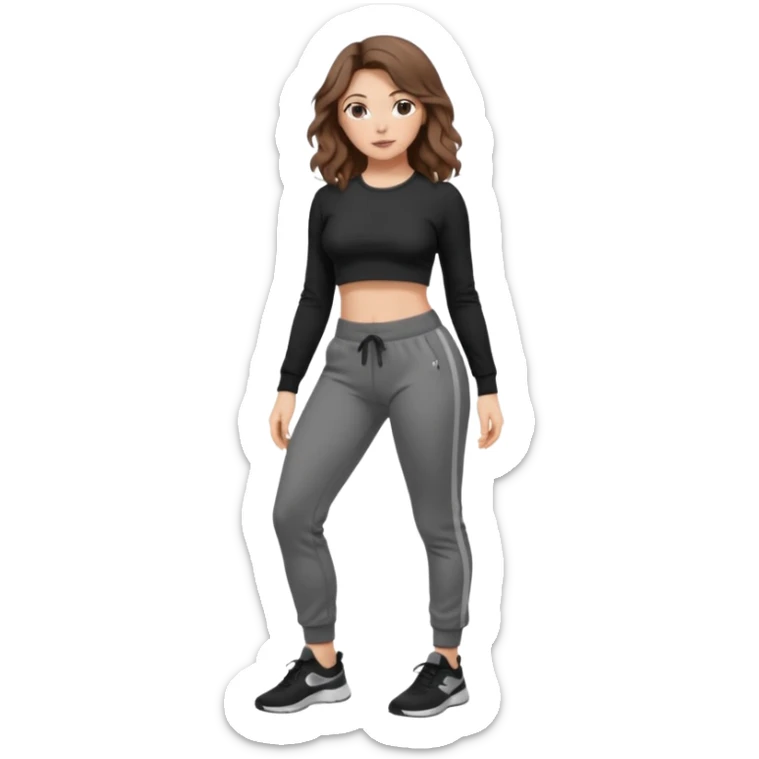 Girl with brown wavy hair, dream body ( small waist, wild hips and big glute) in black long sleev sticky top, grey jogger sticker