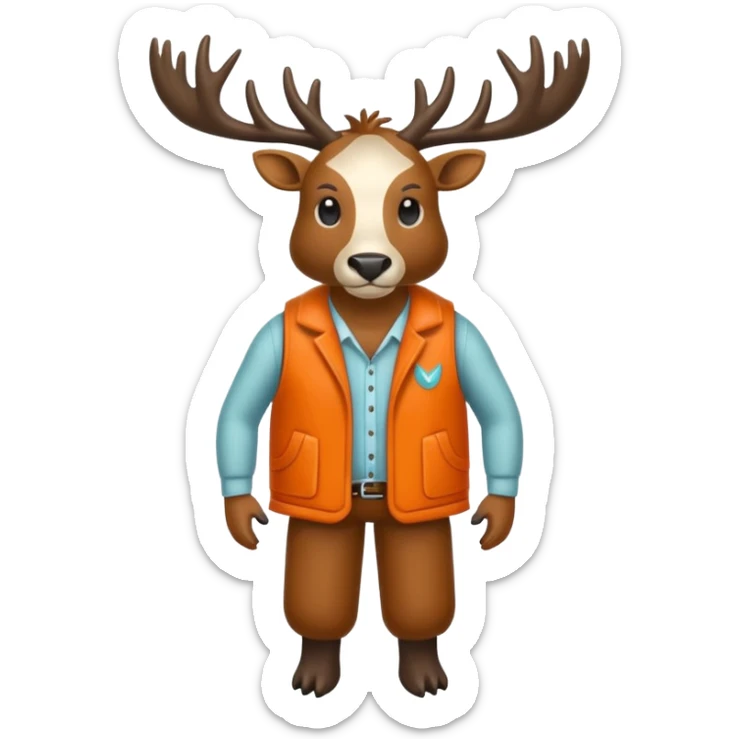 crea una mascota de equipo que sea un venado de cuerpo completo y lleve un chaleco con el nombre de telamon que en el chaleco diga telamon, el chaleco de color naranja sticker