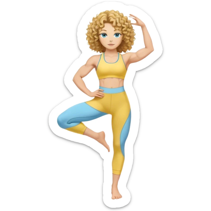 A white girl with golden blue eyes and curly hair showcases strong and powerful arm muscles, wearing a lemon yellow upper body and sky blue lower body yoga suit sticker