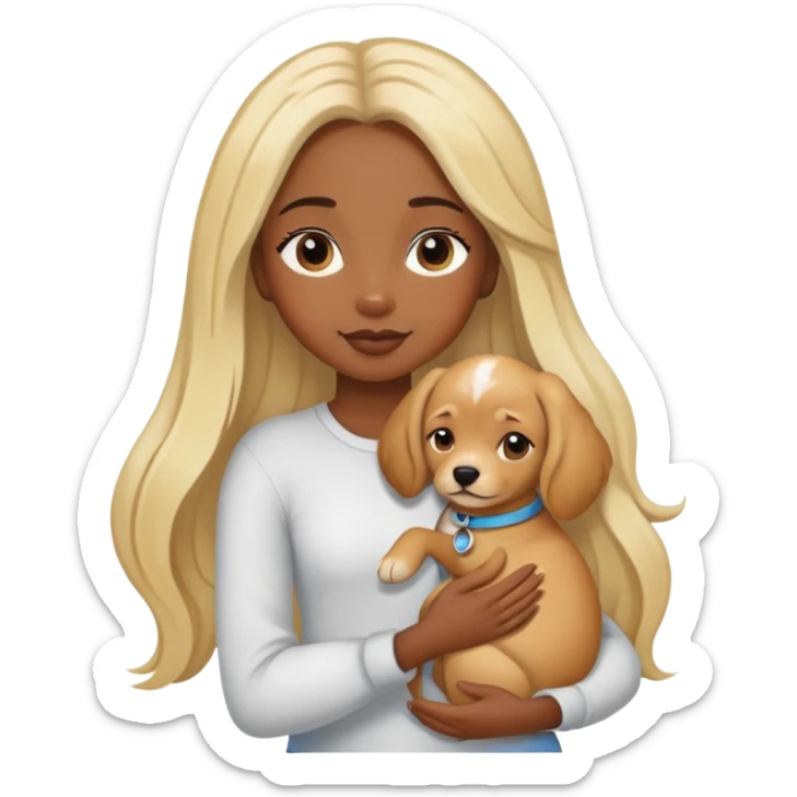 black girl with long blonde hair holding dog in arms sticker