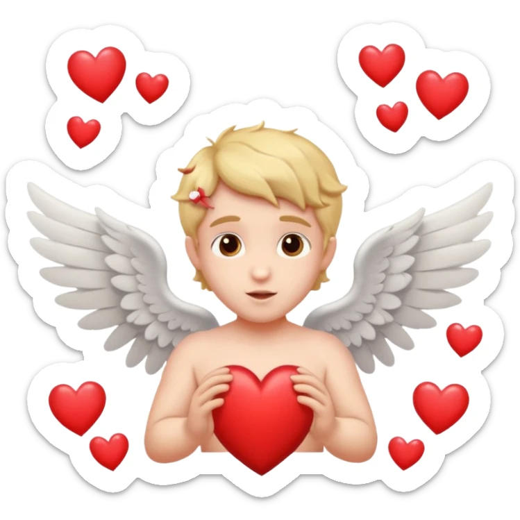 Cupido rodeado de corazones volando mostrando sus alas y su arco   sticker