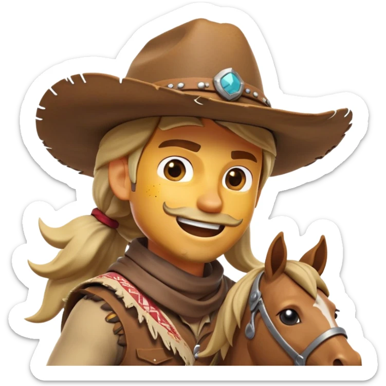 clash-of-clans-aesthetic_-cinematic-playful-cowboy-portrait-emoji, head-tilted with a roguish, cheeky grin and twinkling eyes, featuring a rugged, spirited build with a wide-brimmed cowboy hat and a weathered bandana on tan skin, riding a powerful galloping horse with dynamic flowing mane, reins gripped firmly in one hand and a lasso in the other, as dust swirls behind them in a vast desert landscape. sticker