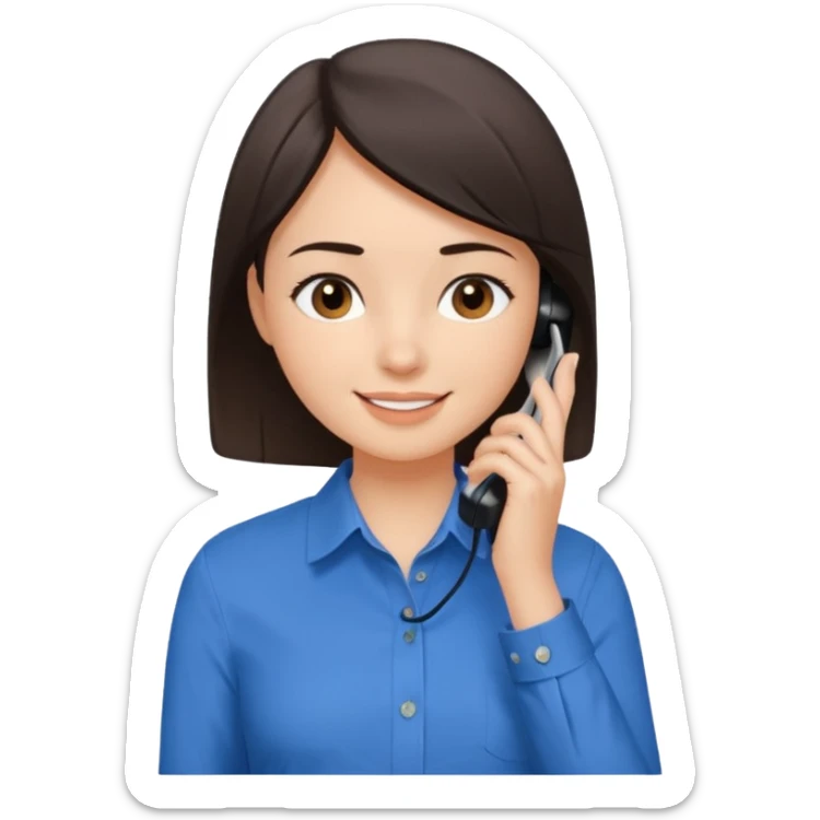 generate a pretty fair bratz girl with dark brown eyes. Dark brown hair straight short hair. tight blue button up shirt with top shirt open.  Talking on the phne sticker