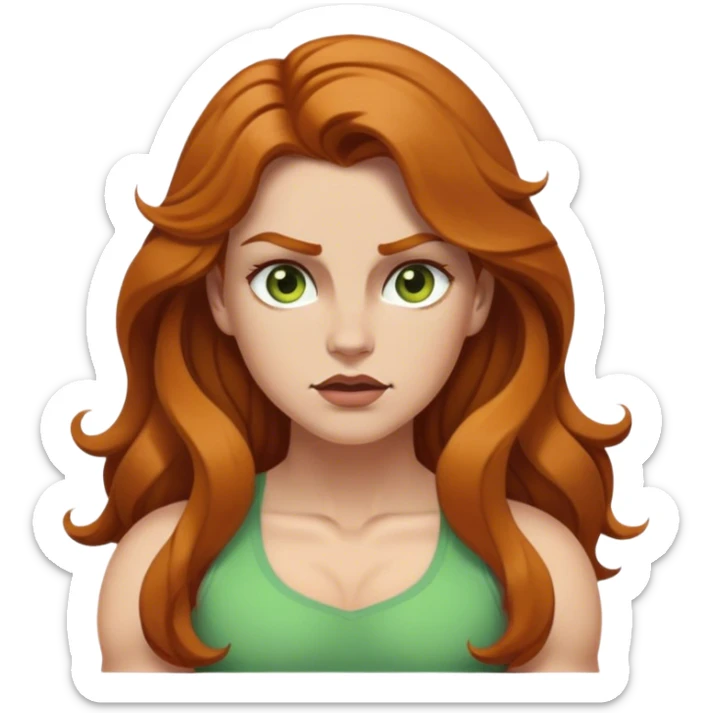 make a white girl with brownish gingerish hair that is long and wavy and dark brown eyebrows and green ish yellowish eyes and thin lips flexing her small muscles she is a tiny bit chunky sticker