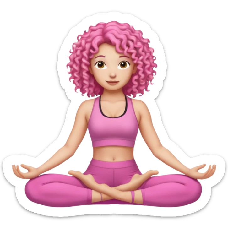 Woman with pink curly hair in a pink yoga outfit doing yoga sticker