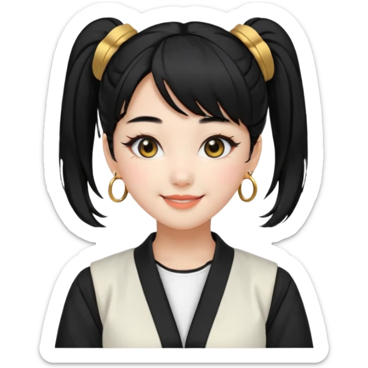 a beautiful girl face, wearing cute korean makeup, black hair, tied into two lowbuns with front bangs, black shirt, white jacket with golden shoulder pads, kpop idol sticker