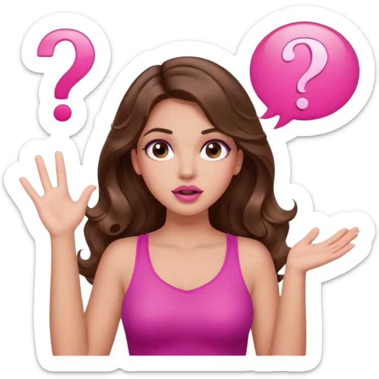 girl with long wavy brown hair, brown eyes, long lashes makeup, sexy pink lips, light to medium complexion, pink sexy top, two hands up, shrugging, confused questions mark bubble sign sticker