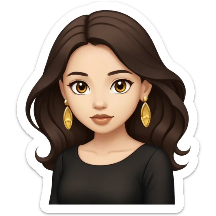 Beautiful woman,cute, long dark brown hair in dark dress with gold earrings sticker