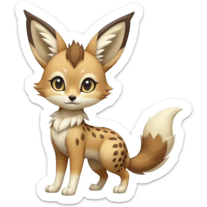 Big-eared big-eyed cute realistic animalistic feral digitigrade 4-legged anime-styled Meloetta-Eevee-Sergal-Serval-hybrid-fusion-creature-animal, full body sticker