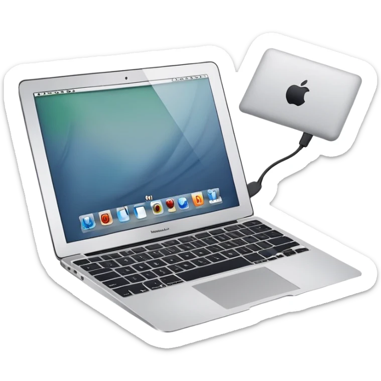 Crea una imagen en la que un MacBook Air, una cámara y un celular estén recargándose sticker