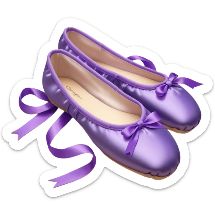 cinematic-realistic-ballet-shoes,-soft-satin-purple-pointe-shoes-with-delicate-ribbons,-resting-gently-on-a-polished-wooden-floor,-subtle-creases-in-the-fabric,-glowing-under-the-warm-golden-light-of-a-rehearsal-studio,-evoking-ele sticker